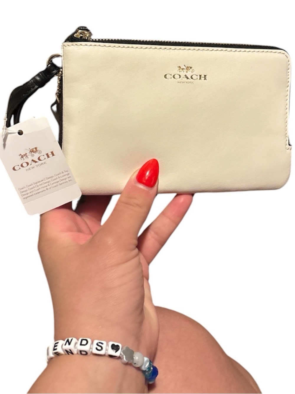 COACH Cream /Brown Leather double Zipper Wristlet Black Strap